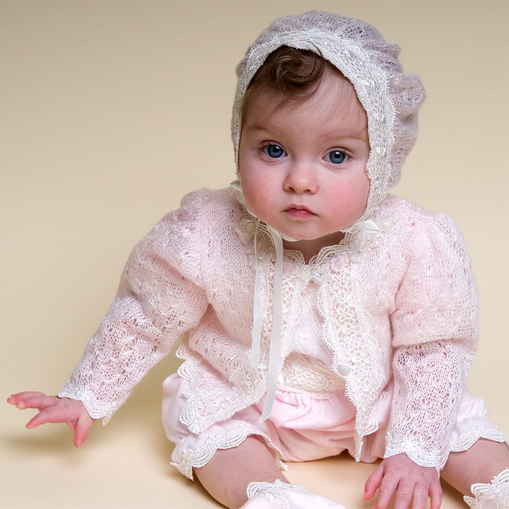Rosa Babystrickpullover | "Belle' Lace Taufjacke Verkauf von BabyBeauandBelle