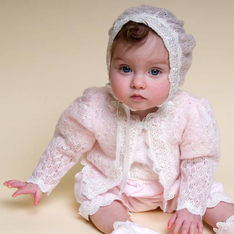 Rosa Babystrickpullover | "Belle' Lace Taufjacke Verkauf von BabyBeauandBelle
