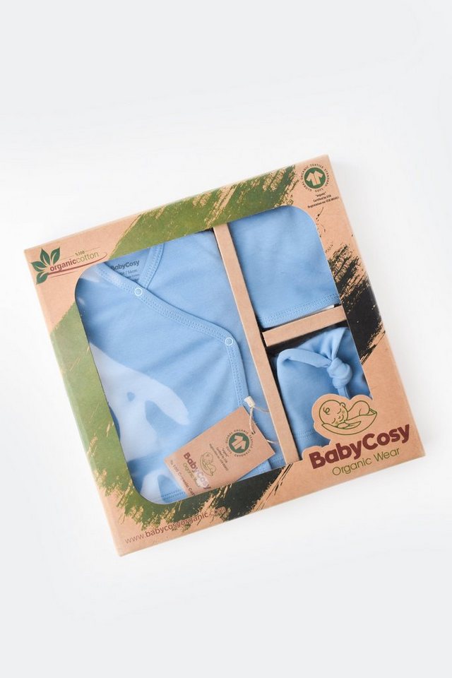 BabyCosy Erstausstattungspaket Organic Erstaustattungspaket Set (5 Teiliges Set, mit Oberteil, Langarmshirt, Pant, Sabber Tuch und Mütze) aus Bio Baumwolle von BabyCosy