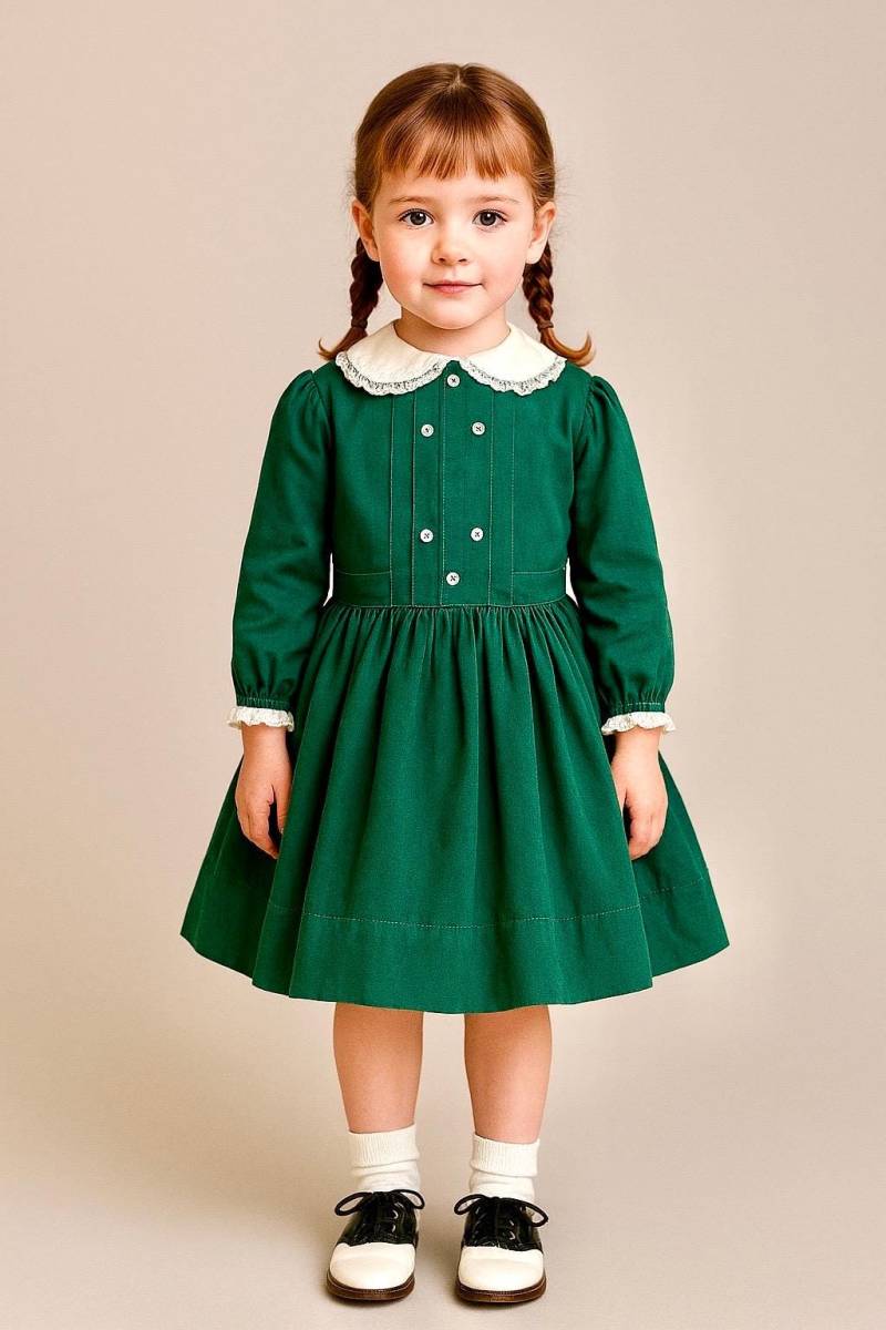 1950 Peaches & Cream Green Ausgestelltes Schulmädchen Kleid Mit Weißem Spitzenkragen Kragen Und Krawatte Am Rücken - Sz. 5 Jahre von BabyDresser