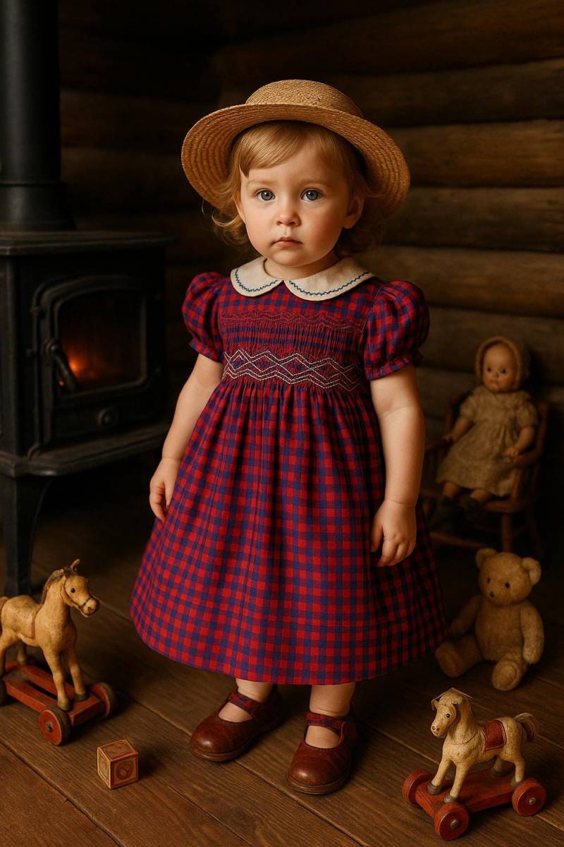 1950 Seltene Frühe Polly Flinders Rot/Blau Kariert Hand Gesmoktes Kleinkind Kleid - Sz. 18 24 Uhr von BabyDresser