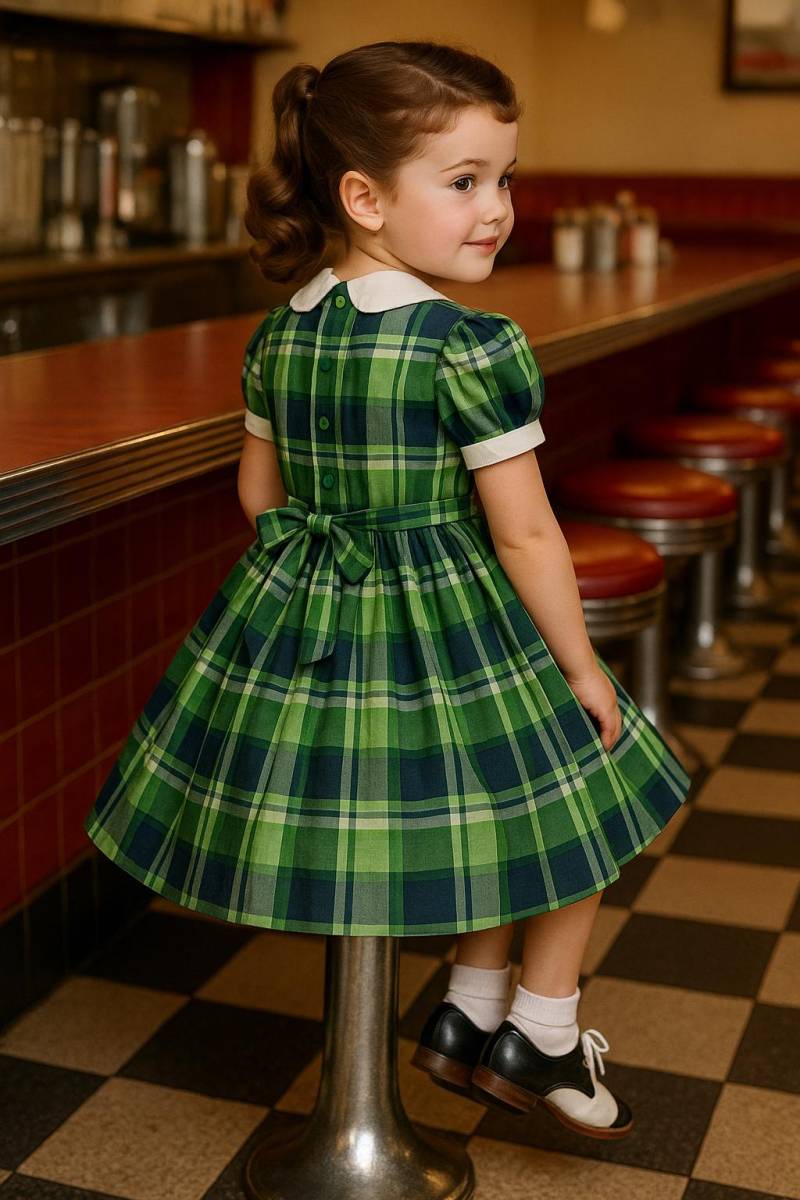 1950 Seltene Polly Flinders Handsmocked Navy Grün Tartan Plaid Weiß Getrimmte Kragen Manschetten - Sz. 4T von BabyDresser