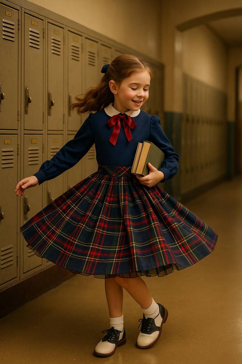 Vtg 1960Er Jahre Polly Flinders Navy Bluse Gepaart Mit Ausgestelltem Karierten Taft Tasche Kurzer Unterrock - Sz. 7 Bis 8J von BabyDresser