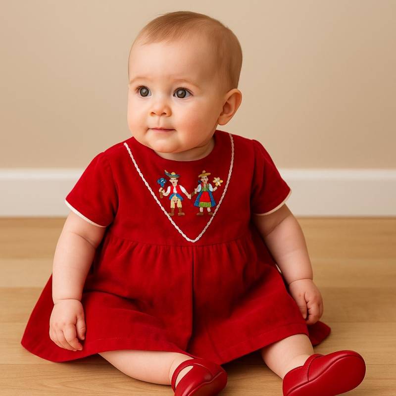 Vtg 1960S Atkins Red Hand Besticktes Oktoberfest Baby Kleidchen -Sz 6 - 9 M von BabyDresser