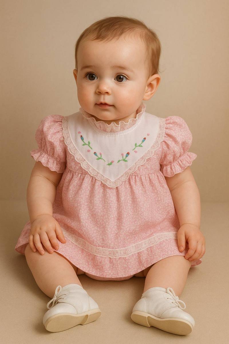 Vtg 1960S Mayfair Rosa Printe Besticktes Spitzenbesatz Baby Mädchen Frühling Sommer Ostern Kleid Set - Sz 6 12 M von BabyDresser