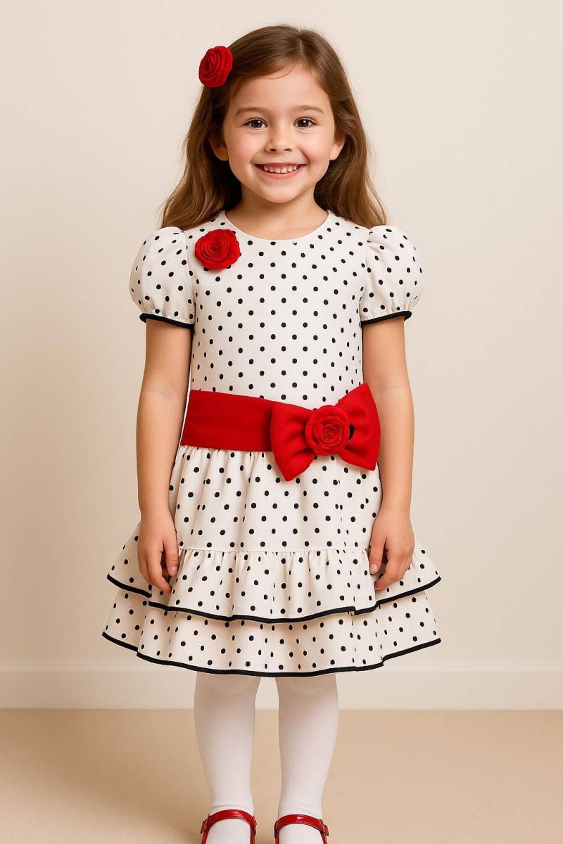 Vtg 1980Er Jahre Dorissa Fancy Party Drop Taille Kleid Weiß Schwarz Punkte Rot Getrimmt Bogen Doppelte Gekräuselte Saum Linie - Sz. 6 von BabyDresser