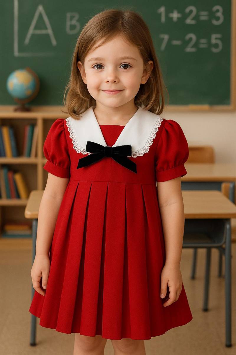 Vtg 1980Er Jahre Rot Plissee Weißer Kragen Schwarze Schleife Puffärmel Wunderland Mode Schulmädchen Kleid - Sz 5Yr von BabyDresser