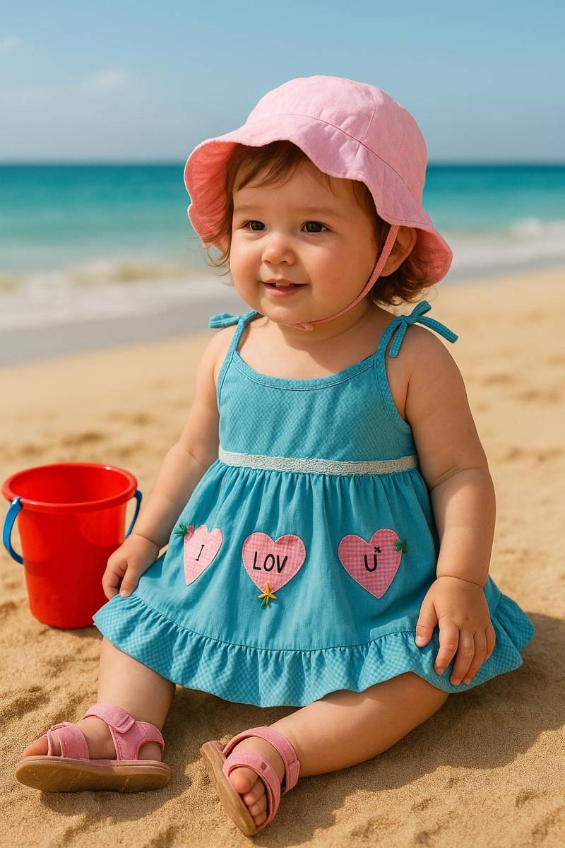 Vtg Annabelle Baby Mädchen Aqua Verzierte Rosa Herzen - I Luv U Karo Sommerkleid Spaghettiträger Gr. 12-18 M von BabyDresser