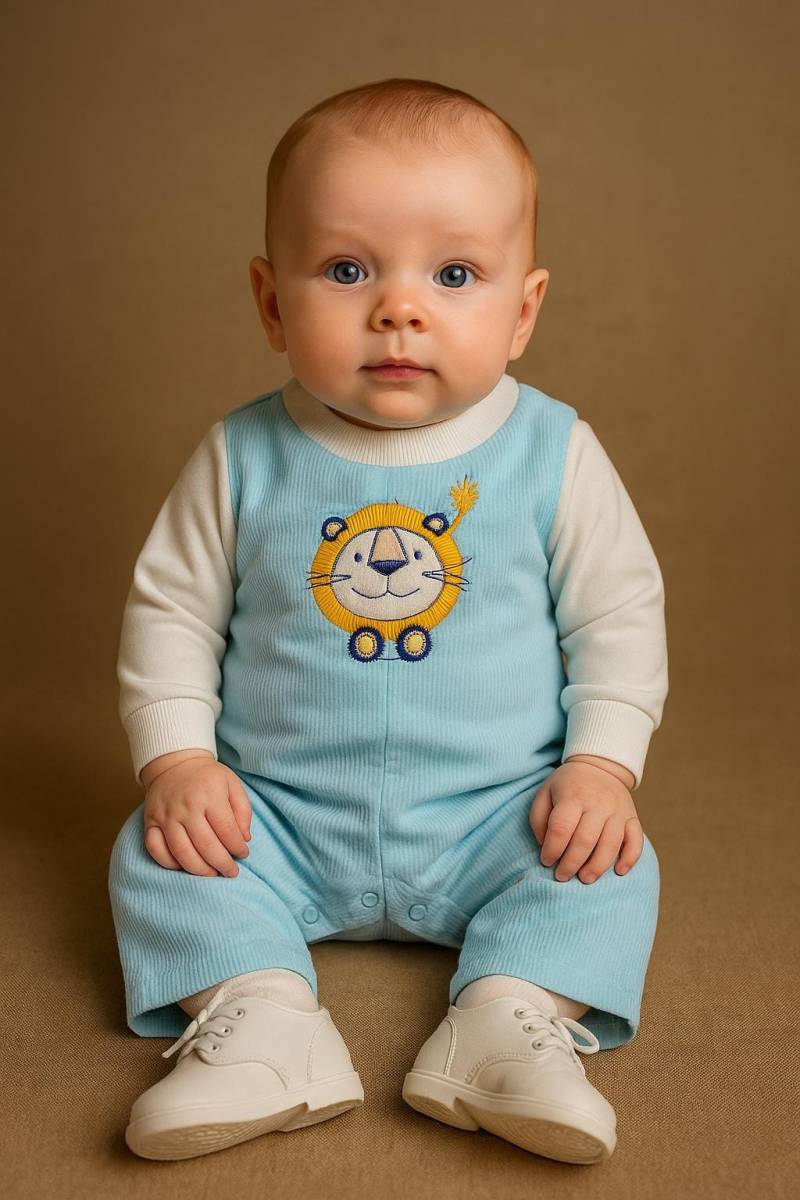 Vtg Baby-Jungen Hellblauer Cord Spielen Overall Mit Löwen-Applikation Und Faux Weiß Rollkragen Reißverschluss Zurück Windel-Snaps - Sz. 3 Meter von BabyDresser