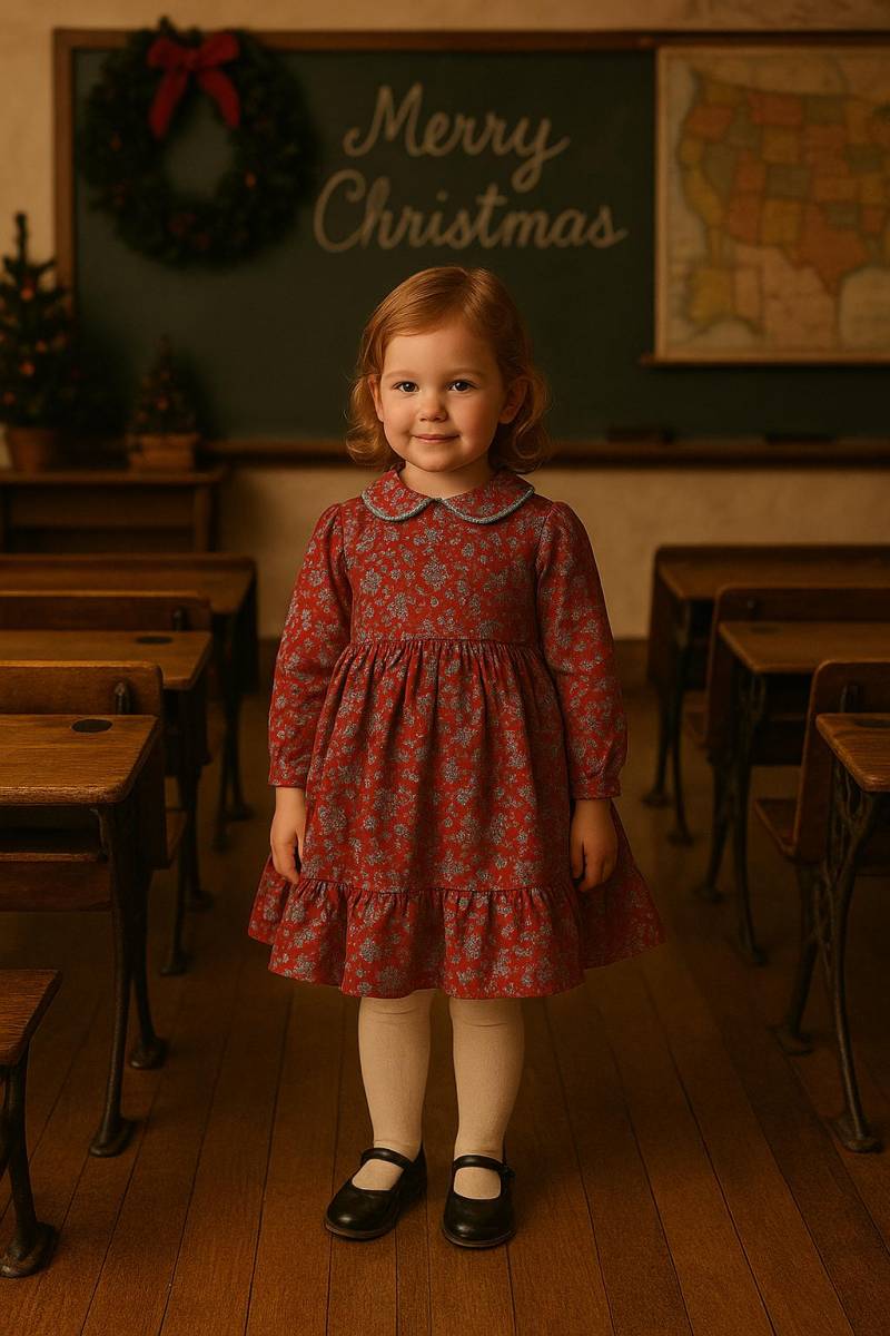 Vtg Baumwolle Hohe Taille Mit Rüschen Saum Drucken Mave Blau Kleinkind Schulkleid - Gr. 3-4T von BabyDresser