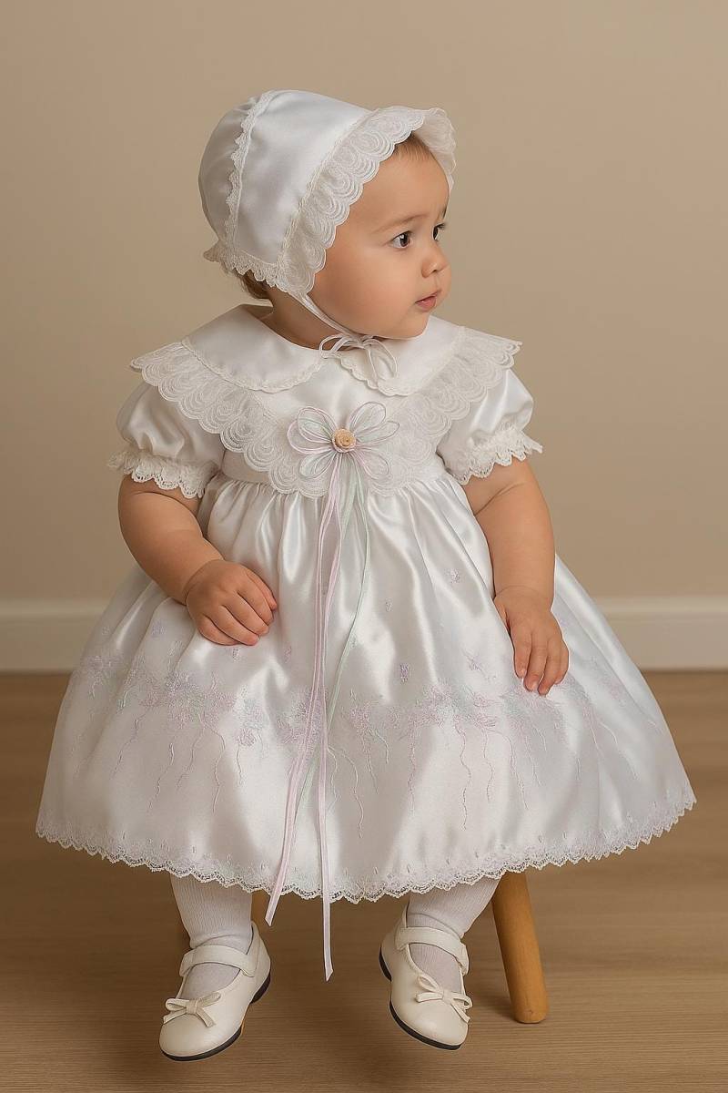 Vtg Formelles Weißes Satin-Spitzen Getrimmte Pastellfarbene Bestickte Taufe Oder Taufkleid-Mützen-Hochzeits-Set - Sz. 12 18 Uhr von BabyDresser