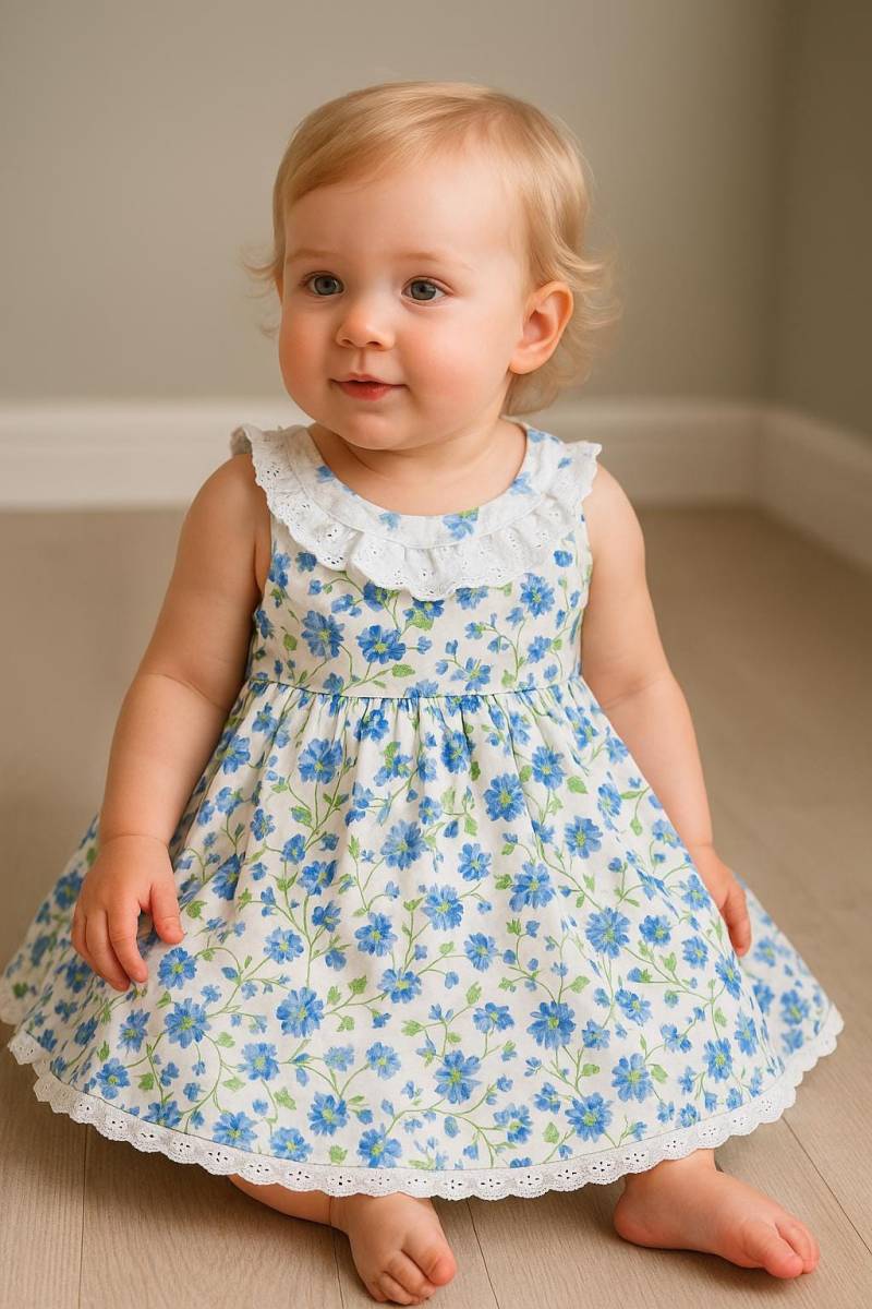 Vtg Frühling Sommer Weiße Baumwolle Mit Blauen Blumen Gerüschter Weißer Ösenborte Und Unterslip - Mit Passendem Panty Dress Set Sz. Größe von BabyDresser