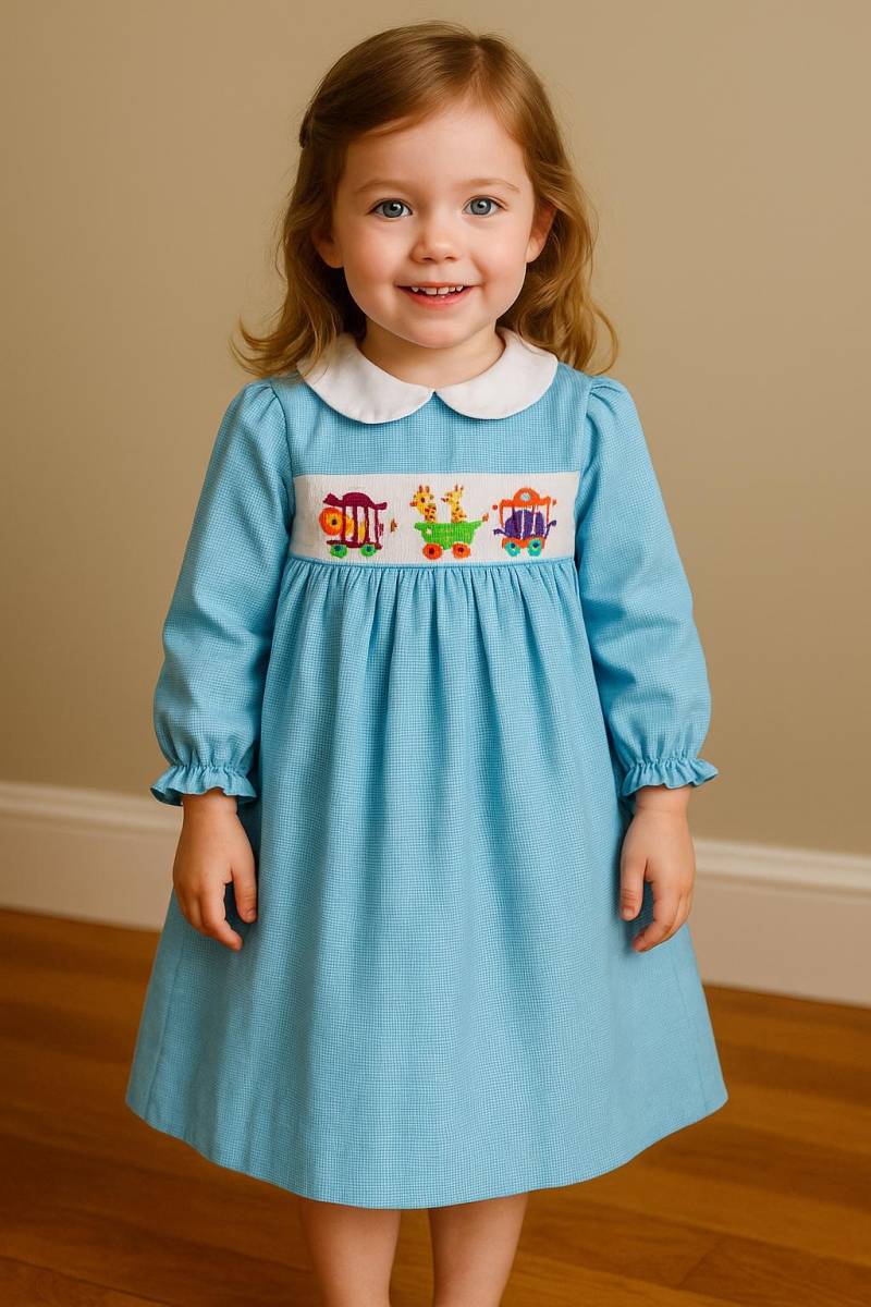 Vtg Rare Editions Aqua Blau Kariert Gesmokt Rix Rac Getrimmt Zirkus Zoo Frühling Sommer Bescheidene Mädchen Kleid - Gr 4T von BabyDresser