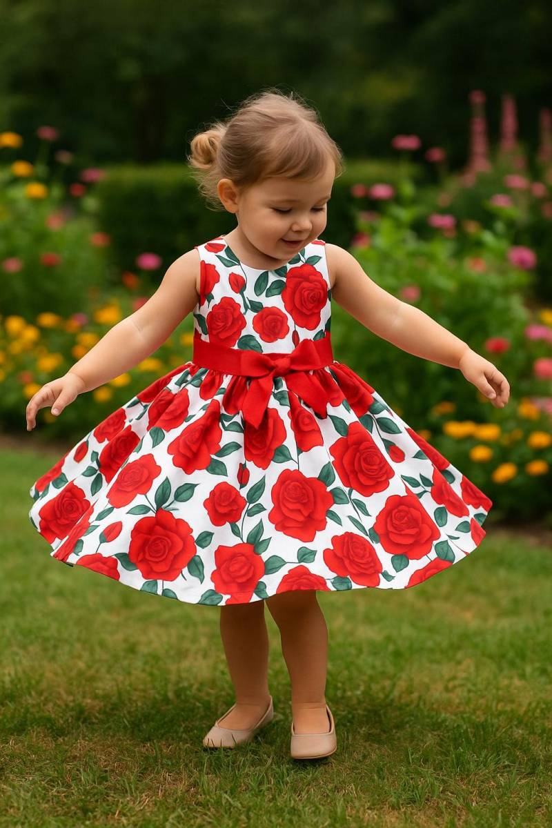 Vtg Sommer Frühling Ausgestelltes Twirl Rote Rose Kleinkind Kleid - Weiße Unterhose Rotes Ripsband Sz. 2 3T von BabyDresser