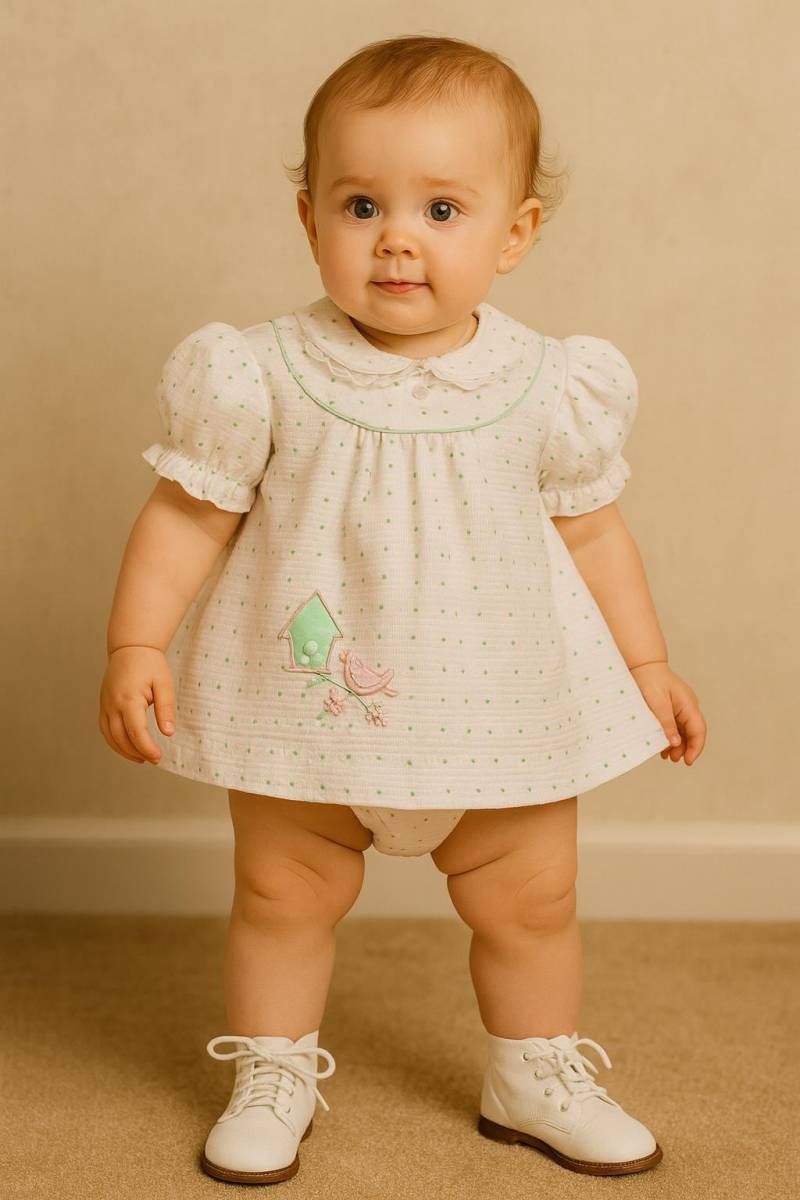 Vtg Tiny Tots Original Weißes Baumwoll Plissee Windelkleid Mit Grünen Punkten Und Gestickter Vogelszene - Sz. 12 18 Uhr von BabyDresser