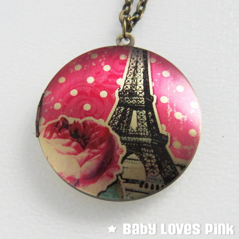 Eiffelturm Rosa Rose Medaillon Halskette - Paris Frankreich Messing Foto | R3B-B2 von BabyLovesPink