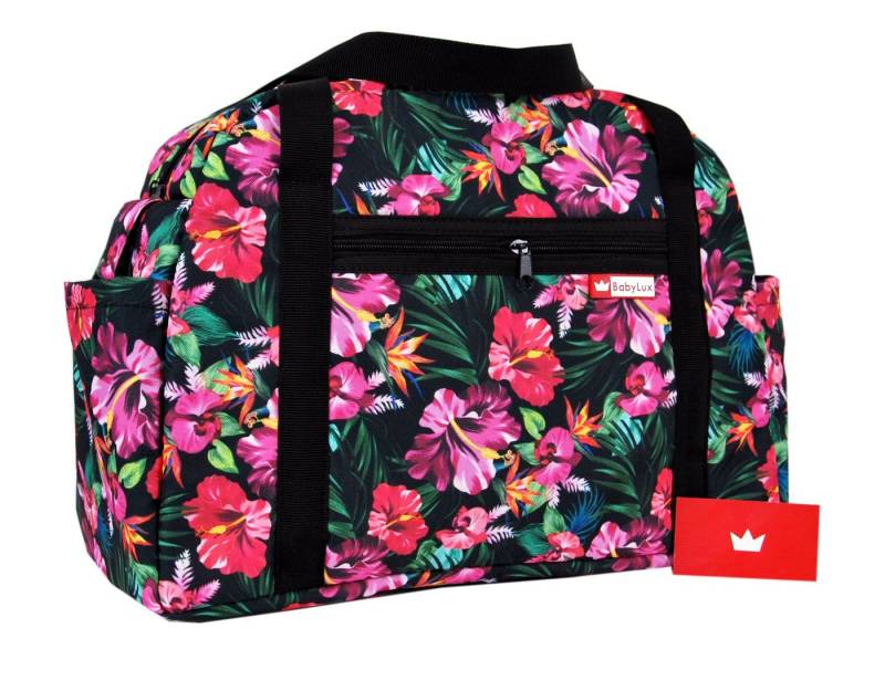BabyLux Wickeltasche BabyLux Wickeltasche COLORFUL Kinderwagen Buggy Große Handtasche, 81. Schwarz + Hibiskus von BabyLux