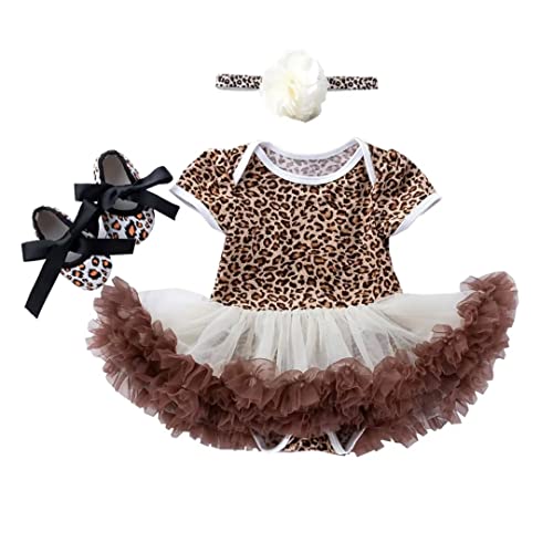 BabyPreg Baby Mädchen Leopard Zebra gedruckt Outfit Baumwolle Tutu Kleid Schuhe Stirnband 3 Stück (Gelber Leopard, 9-12 Monate) von BabyPreg