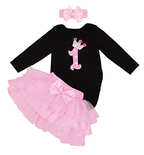 BabyPreg Baby Mädchen mit Langen Ärmeln 1. Geburtstag Tutu Outfit Kleid Stirnband (12-18 Monate, Schwarzes Rosa) von BabyPreg