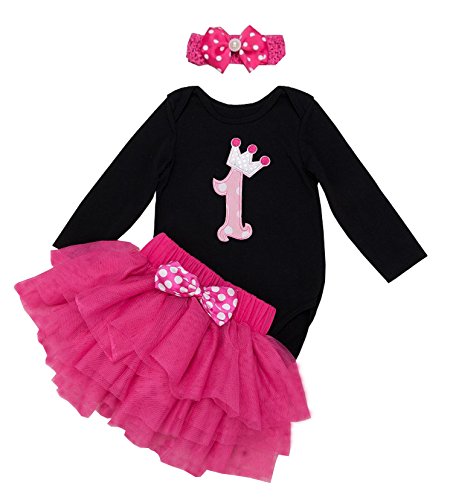 BabyPreg Baby Mädchen mit Langen Ärmeln 1. Geburtstag Tutu Outfit Kleid Stirnband (12-18 Monate, Dunkelrosa) von BabyPreg