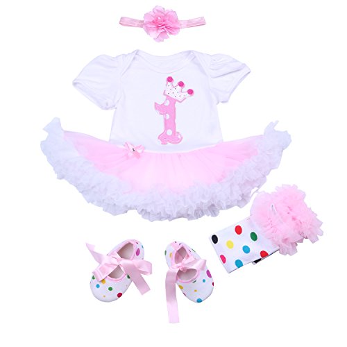 BABYPREG Mädchen Blusen Kleid 1. Geburtstag Tutu Röcke Stirnband Schuhe (9-12 Monate, Kurz Rosa) von BabyPreg