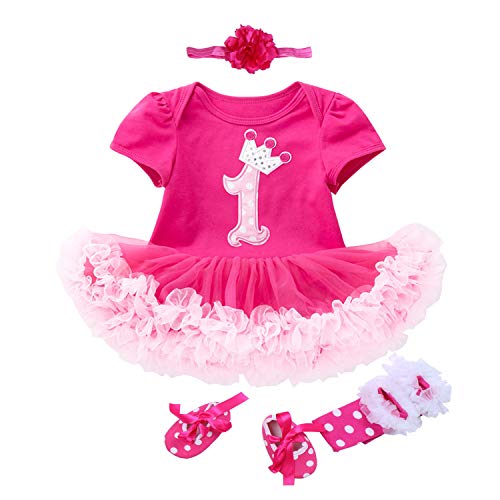 BabyPreg Mädchen Blusen Kleid 1. Geburtstag Tutu Röcke Stirnband Schuhe (12-18 Monate, Kurz Dunkelrosa) von BabyPreg