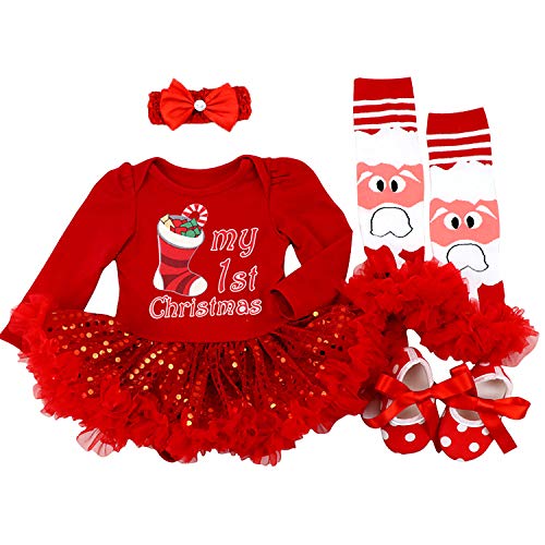 BabyPreg Mein erstes Baby Mädchen Weihnachten Outfit Neugeborenes Weihnachten Kleid Kostüm Partykleid 4Pcs(6-9 Monate,Rote Weihnachtssocke) von BabyPreg