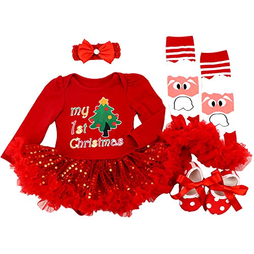 BabyPreg Mein erstes Baby Mädchen Weihnachten Outfit Neugeborenes Weihnachten Kleid Kostüm Partykleid 4Pcs(9-12 Monate,Mein erster Weihnachtsbaum) von BabyPreg