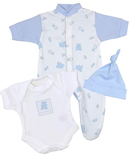 BabyPrem Baby kleine Frühgeborene Kleidung 3-teiliges Geschenkset BLAU Teddy 38-44cm von BabyPrem