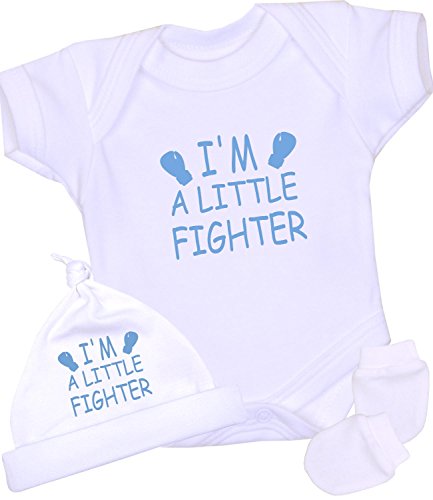 BabyPrem Frühchen Baby Body Hut Fäustlinge Set Jungen 'Little Fighter' Kleidung 32-38cm BLAU P3 von BabyPrem