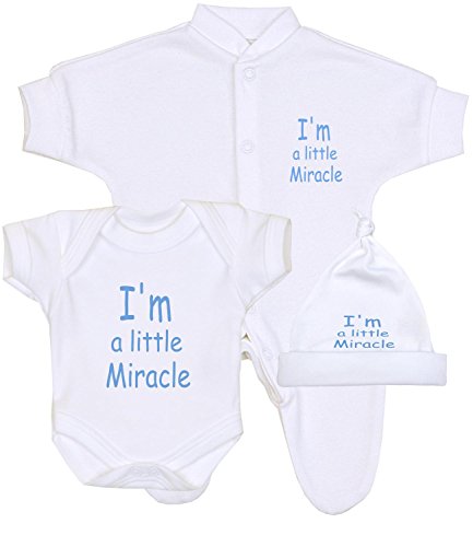 BabyPrem Frühchen Schlafanzug Body & Hut Set Baby Jungen Kleidung 'I'm a Little Miracle' 38-44cm BLAU von BabyPrem