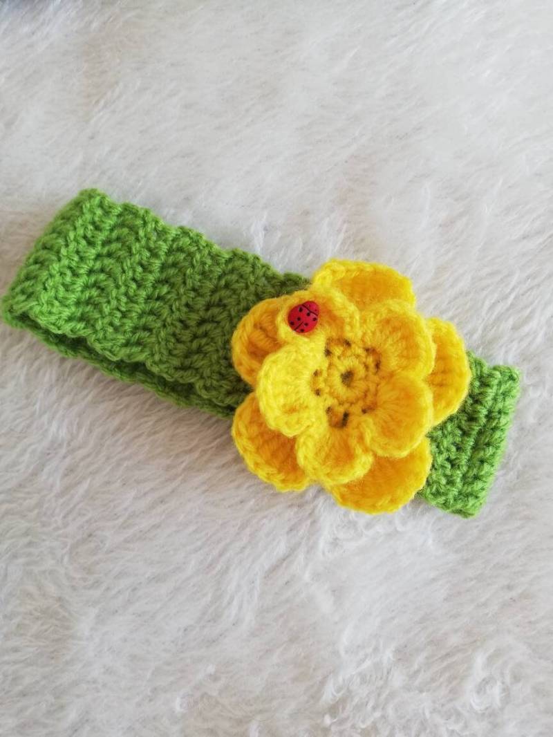 Süßes Haarband Stirnband in Grün Mit Blume Gelb Und Marienkäfer Deko von BabySmileShop