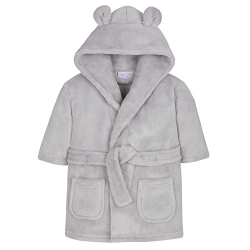 Baby Jungen & Mädchen Unisex Bademantel (Altersstufen 6-24 Monate) Weiches Plüsch Flanell Fleece mit Kapuze Bademantel - grau, 6-12 Monate von BabyTown