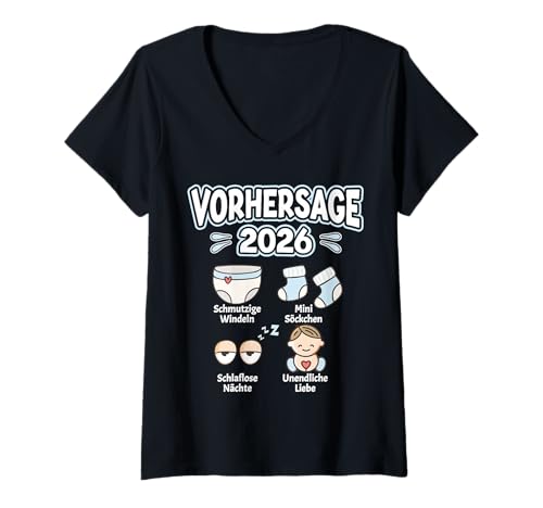 Damen Vorhersage 2026 - Lustige Schwangerschaft Verkünden Mutter T-Shirt mit V-Ausschnitt von Babyankündigung Schwangere Werdende Eltern Baby