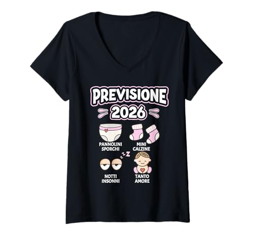 Damen Vorhersage 2026 - Lustige Schwangerschaft Verkünden Mutter T-Shirt mit V-Ausschnitt von Babyankündigung Schwangere Werdende Eltern Baby