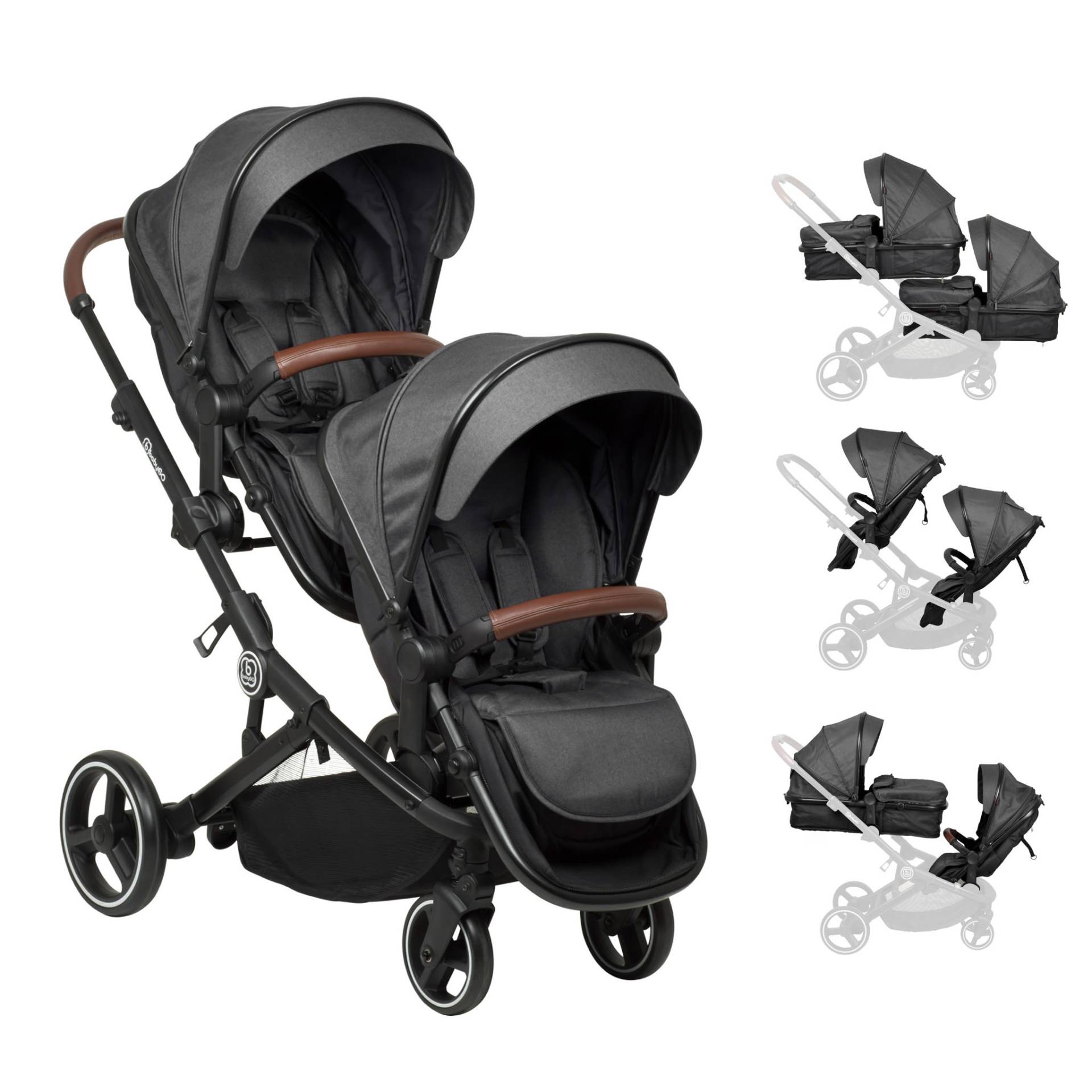 BabyGo Zwillings-Kombikinderwagen "Twinner Set, Grey melange" 30 kg inkl. 2 Regenhauben, Wickeltasche von Babygo