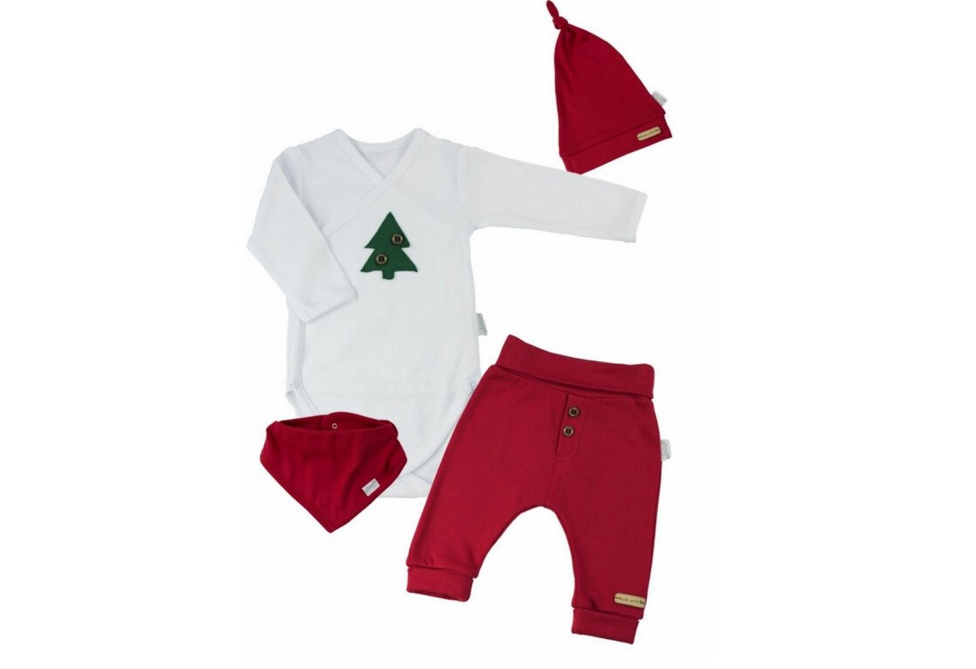 Babymajawelt Erstausstattungspaket Baby Weihnachts Bekleidung Set, 4er Geschenk Set, Ausstattung, Xmas (4 Teile: Langarmbody, Hose, Mütze, Halstuch) Reine Baumwolle, Sabberlatz mit Druckknöpfen, Made in EU von Babymajawelt