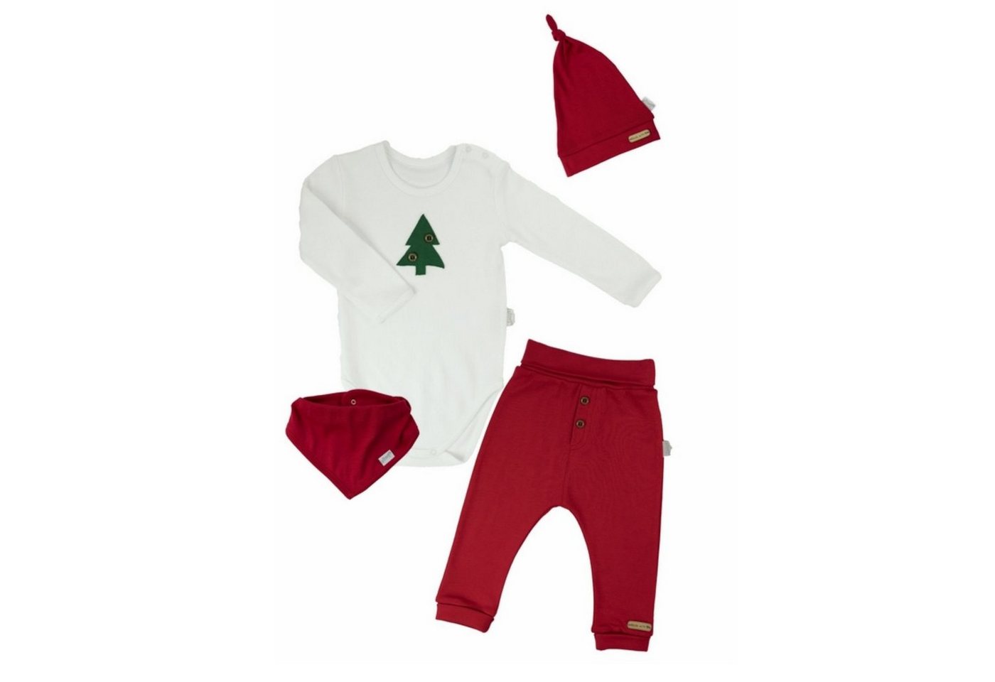 Babymajawelt Erstausstattungspaket Baby Weihnachts Bekleidung Set, 4er Geschenk Set, Ausstattung, Xmas (4 Teile: Langarmbody, Hose, Mütze, Halstuch) Reine Baumwolle, Sabberlatz mit Druckknöpfen, Made in EU von Babymajawelt