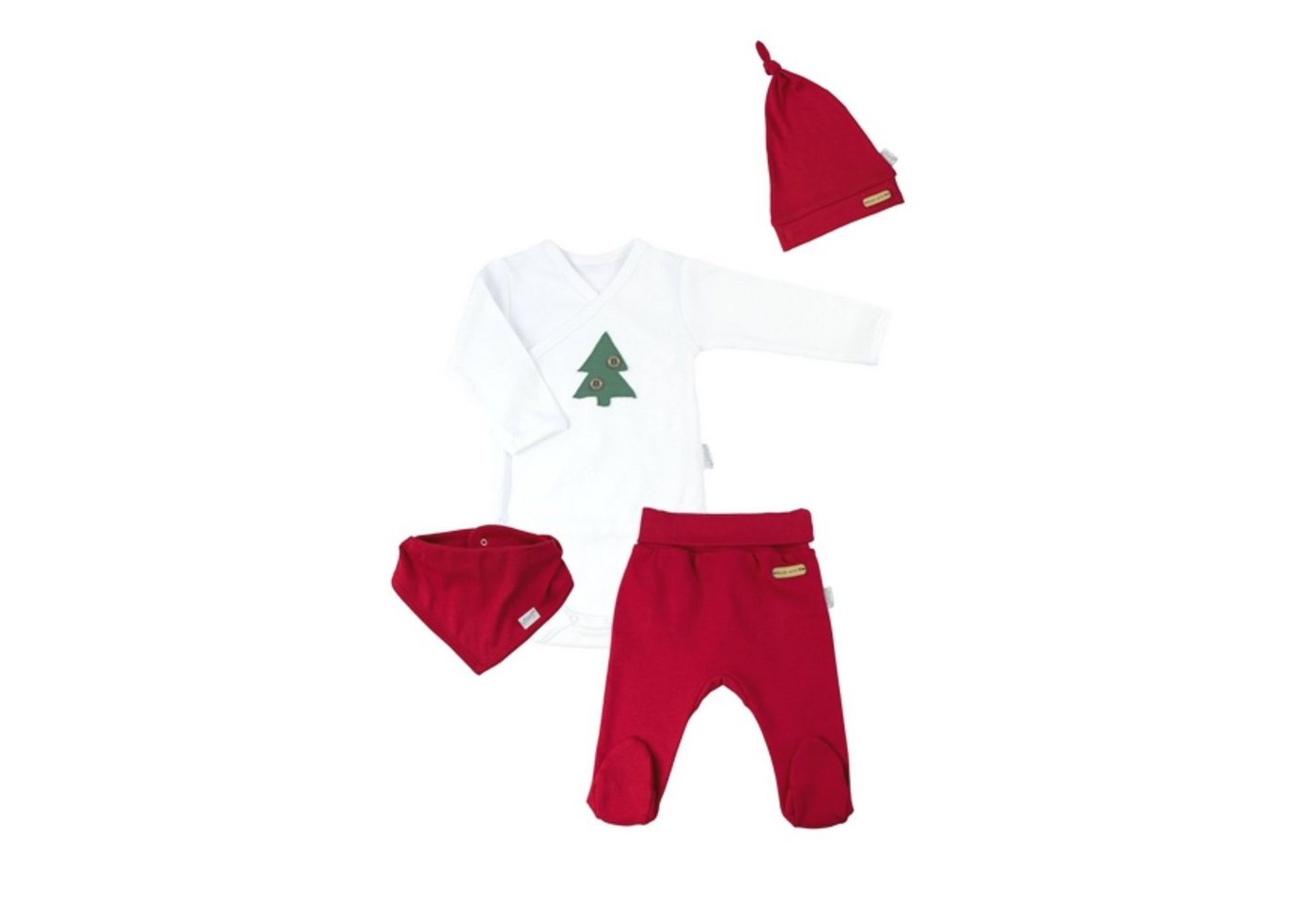 Babymajawelt Erstausstattungspaket Baby Weihnachts Bekleidung Set, 4er Geschenk Set, Ausstattung, Xmas (4 Teile: Langarmbody, Hose, Mütze, Halstuch) Reine Baumwolle, Sabberlatz mit Druckknöpfen, Made in EU von Babymajawelt