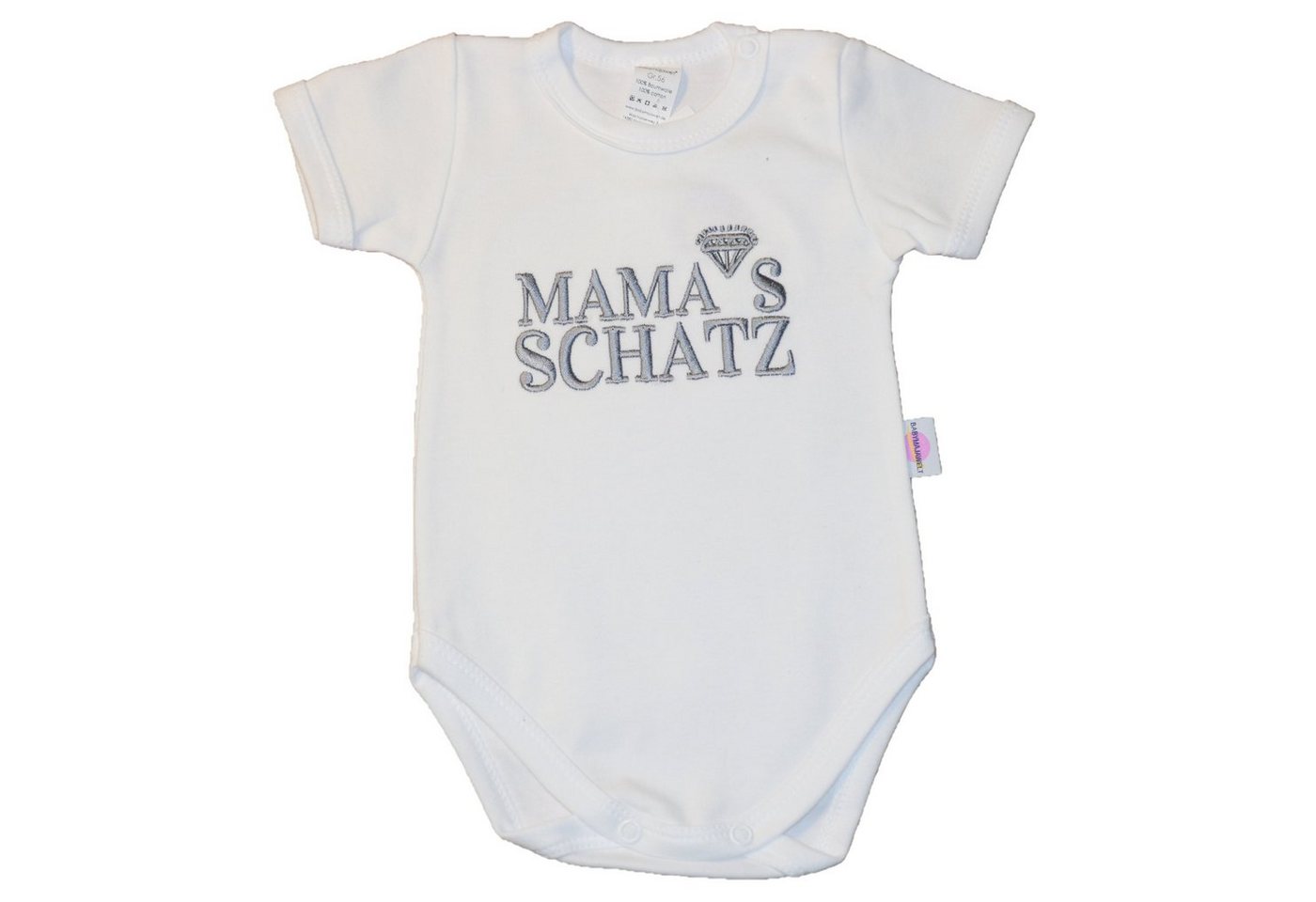 Babymajawelt Kurzarmbody Babybody Mama´s Schatz" weiss mit silber - Stickerei, Spruchbody aus reiner Baumwolle Made in Europa, Geschenk für Mama, Body mit Druckkönpfen am Hals und im Schritt" von Babymajawelt