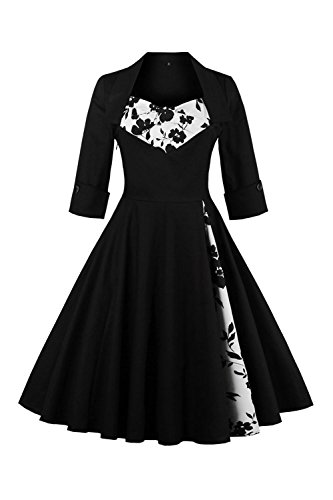 Babyonline Sommer Damen Polka Dots Kleider Vintagekleid Rockabilly Kleid Partykleider S-5XL, Schwarz mit Blumen, S von BABYONLINE D.R.E.S.S.