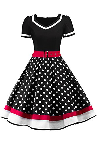 Babyonlinedress Damen Abendkleid Chic Jointiv mit Gürtel Vintage Retro 50s Pin-up Rockabilly Swing gepunktet, Schwarz, XXL von BABYONLINE D.R.E.S.S.