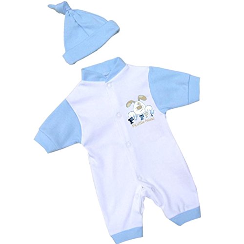 BabyPrem Baby Frühchen Kleidung 2-teiliges Set Overalls und Mütze Hündchen 32-50cm BLAU P2 von BabyPrem