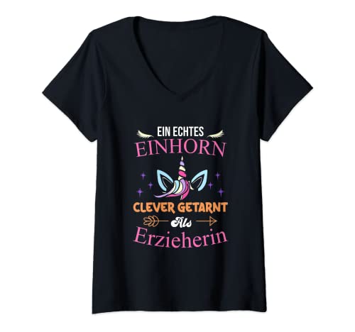 Damen Ein Echtes Einhorn Clever Getarnt Erzieherin Kindergärtner T-Shirt mit V-Ausschnitt von Babysitter Geschenkidee Kindertagesstätte Lehrer