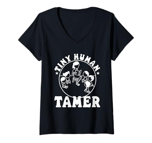Damen Winziger menschlicher Dompteur T-Shirt mit V-Ausschnitt von Babysitter child care nanny daycare provider
