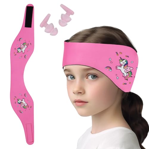 Schwimmen Stirnband Kinder,Neopren Schwimmband,Kopfband Haarband mit Hohe Elastizität und Klettverschluss Ohrenschutz Band Ohren Schutz Wasserdichtes Kopfband für Kinder (Rosa-1, L) von BacJueSin