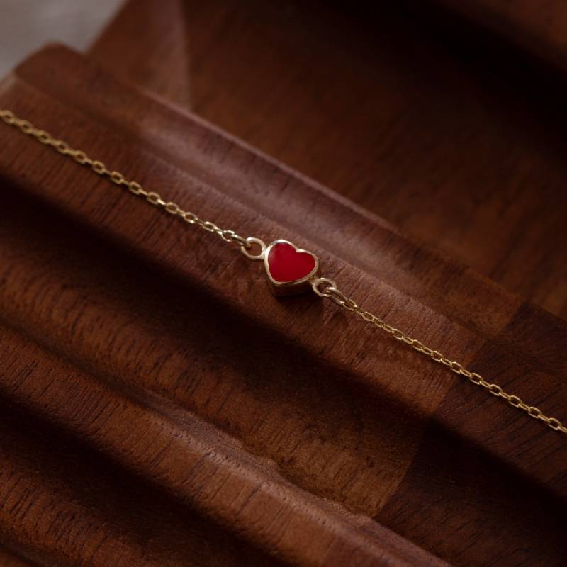 14K Solid Gold Kleine Rote Herz Armband | Zierliche Charm, Verstellbarer Liebesschmuck von BaccaGold