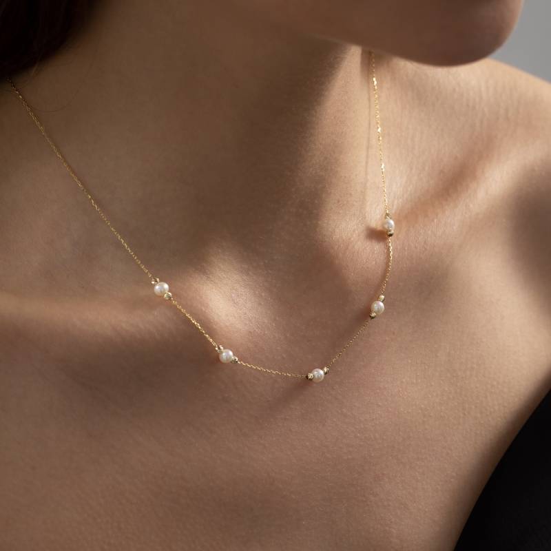 Perle Station Halskette in 585Er Gold | Zarte Liebe Charm Schmuck Geschenk Für Sie von BaccaGold