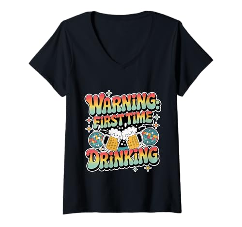 Damen Warning First Time Drinking Sarkastische Alkohol liegt - T-Shirt mit V-Ausschnitt von Bachelor -Trinken Humor liegt