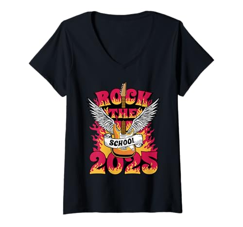 Damen Rock the School 2025 - Winged Guitar Back to School T-Shirt mit V-Ausschnitt Damen Rock the School 2025 - Winged Guitar Back to School T-Shirt mit V-Ausschnitt von Back To School 2025 Gifts & Tees Collection